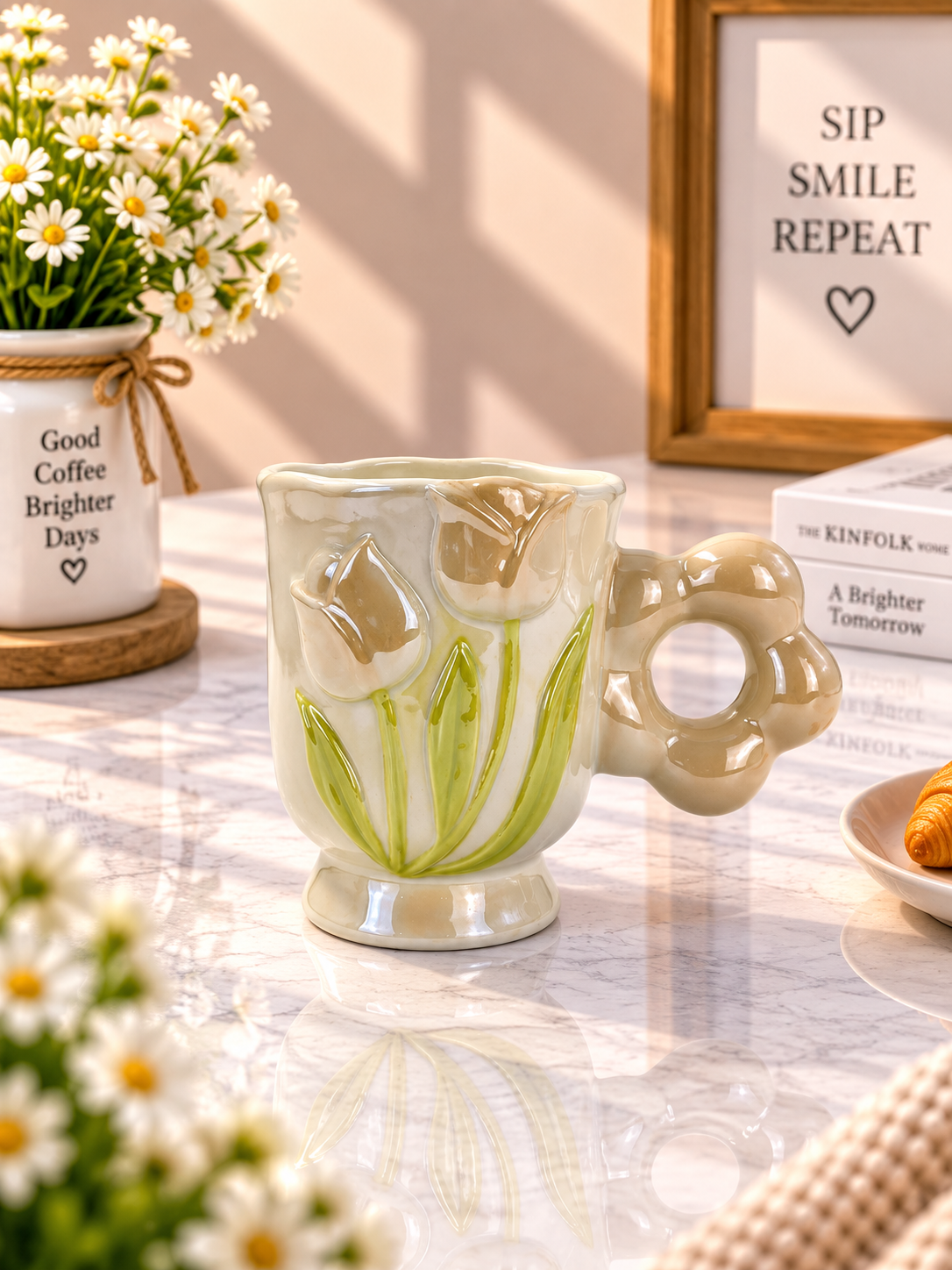 Ceramic embossed tulip coffee mug with tan flower handle, white body, green tulip design